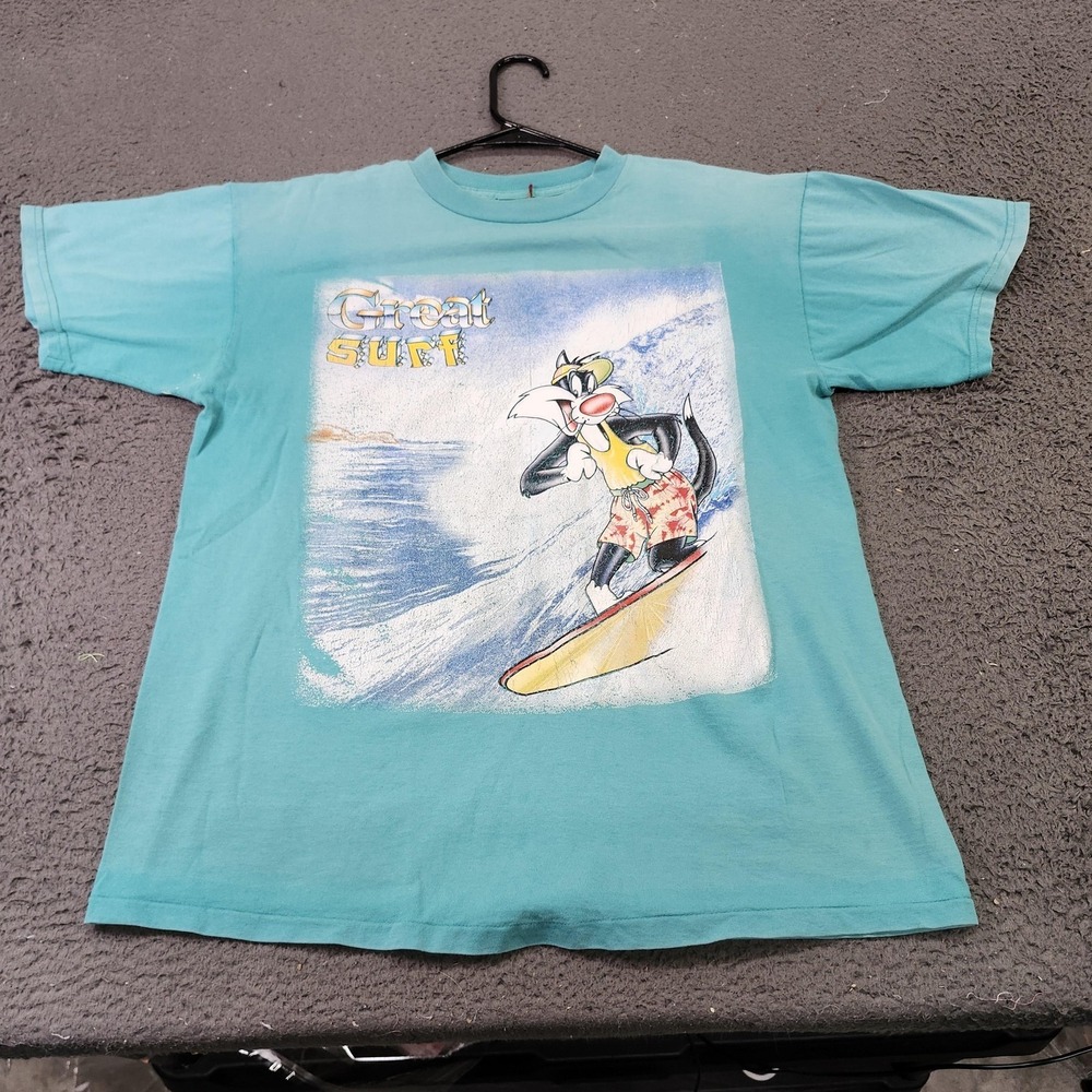Brazos Sportswear Shirt Mens Large Teal Great Surf Cat Cartoon Graphic Tee